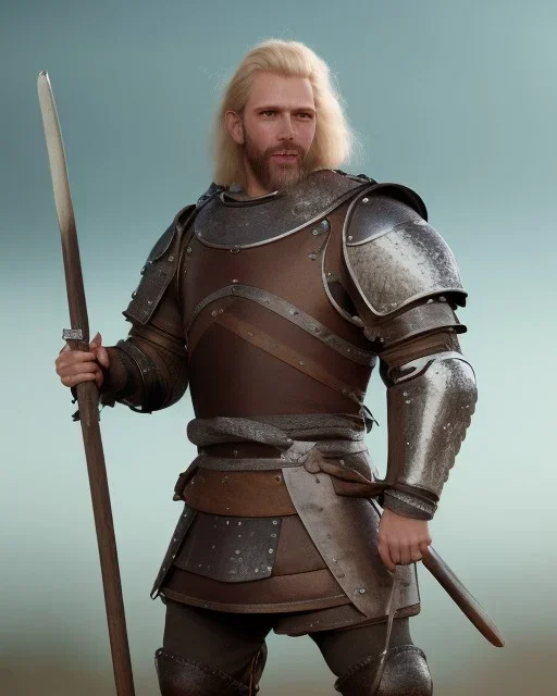 strong medieval men warrior with blond short hair, blue eyes and wide warm smile with an axe with green and brown clothes