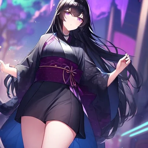 Clear focus,High resolution, black long fluffy hair, long fluffy bangs, purple eyes, wearing a kimono outfit, wearing a short skirt,