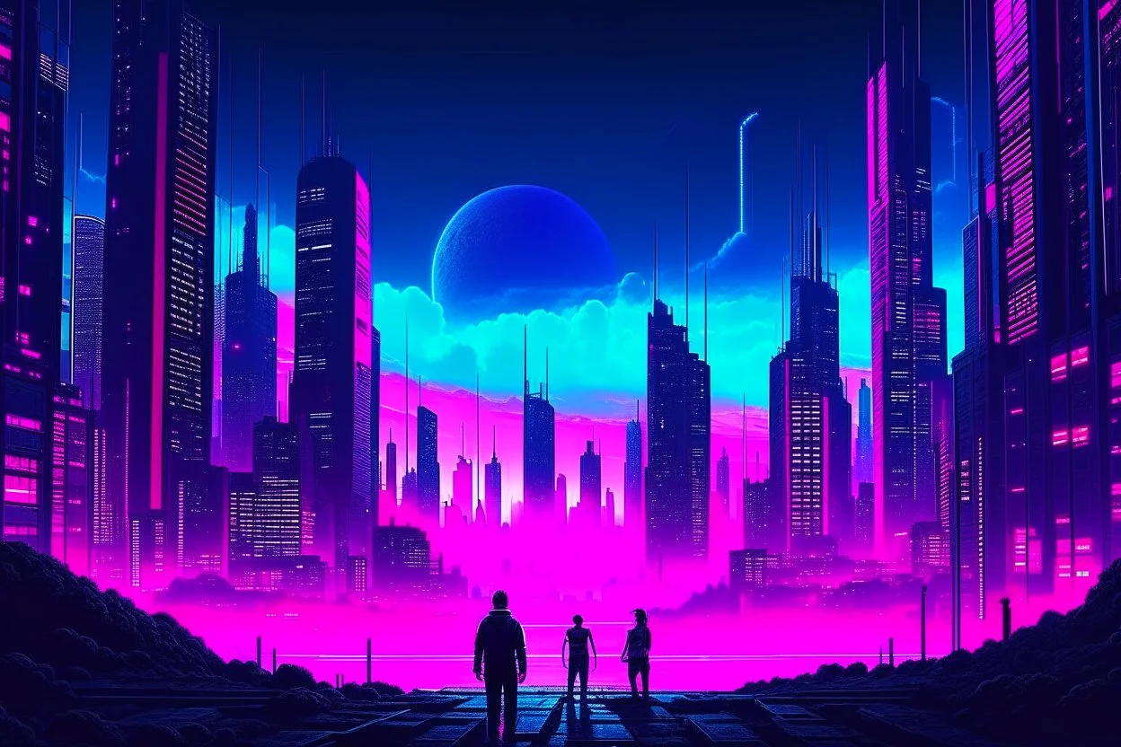 retrowave cyberpunk city, moon, clouds, people, sci-fi, epic