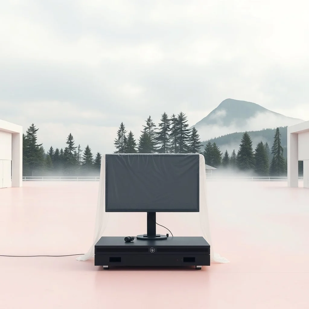 A super high definition photo of an open space with white structures and a large computer screen. A transparent tarpaulin covers an image resembling a ruined building. There is a group of fir trees in the background and a high hill in the distance. The surface below is in a pastel color. Fog is present.