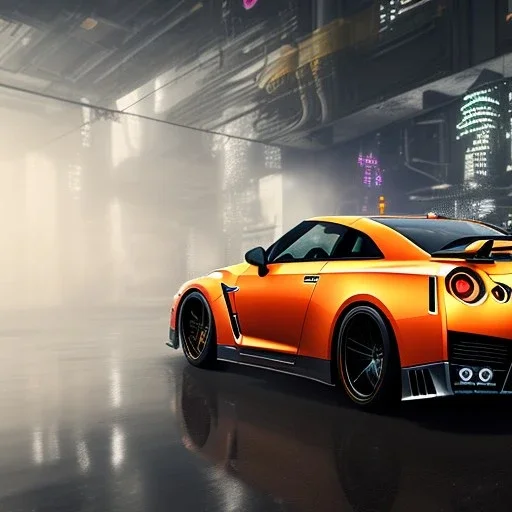 Nissan GT-R, red, orange, yellow, green, blue, purple, masterpiece, expert, 8K, hyperrealism, sharp focus, cinematic lighting, cyberpunk, cityscape