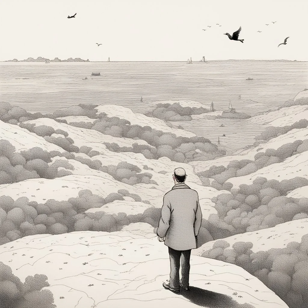 a alone man. pen and ink, birds eye view, illustrated by hergé, Background space and earth