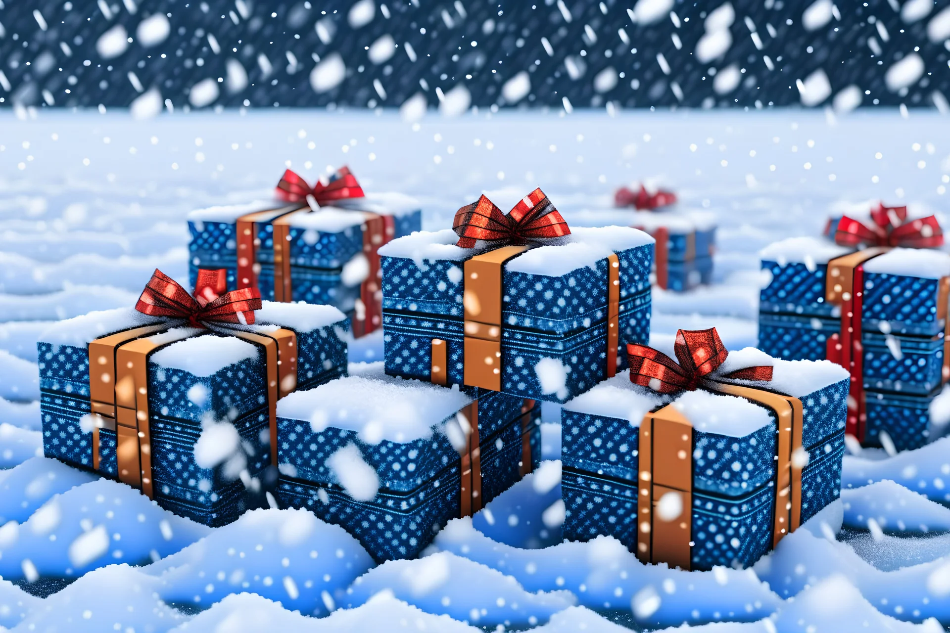 Picture of presents with crypto wrapping paper, snow falling in the background, 1 bitcoin button on the gifts