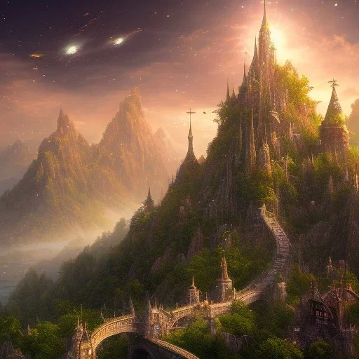 Create a fantasy world landscape. It should be like a starry sky and paradise with the city that has a wall around the city. Hopefully, we can incorporate trees, grass, and mountains.