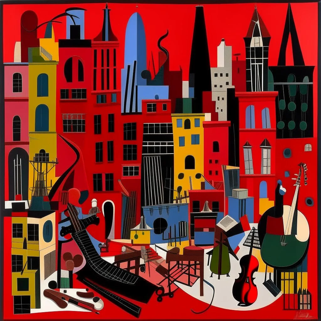 A dark red city filled with instruments painted by Stuart Davis