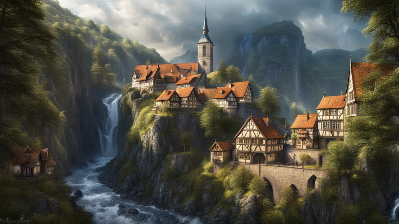 a medieval danish city at the foot of a waterfall at the end of a steep, narrow, 3.000 foot tall ravine. a masterpiece, fantasy concept art, dynamic lighting, hyperdetailed, intricately detailed, deep color, Unreal Engine, volumetric lighting, Epic cinematic brilliant stunning intricate meticulously detailed dramatic atmospheric maximalist digital matte painting