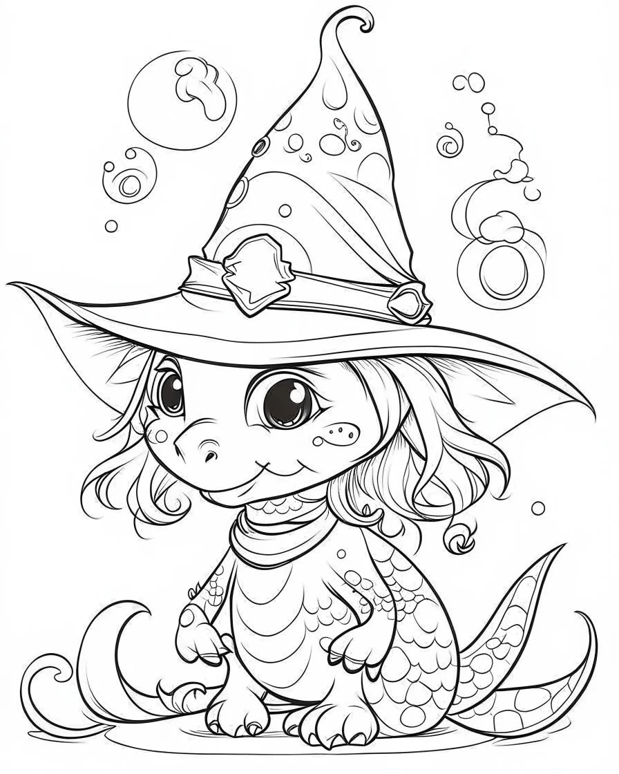 coloring pages for kids, semi-cartoon motif of a little dragon character, witch hat, white background, anime, illustration, dark fantasy, painting, cartoon style, thick lines, low detail, black and white, no shading, --ar 85:110