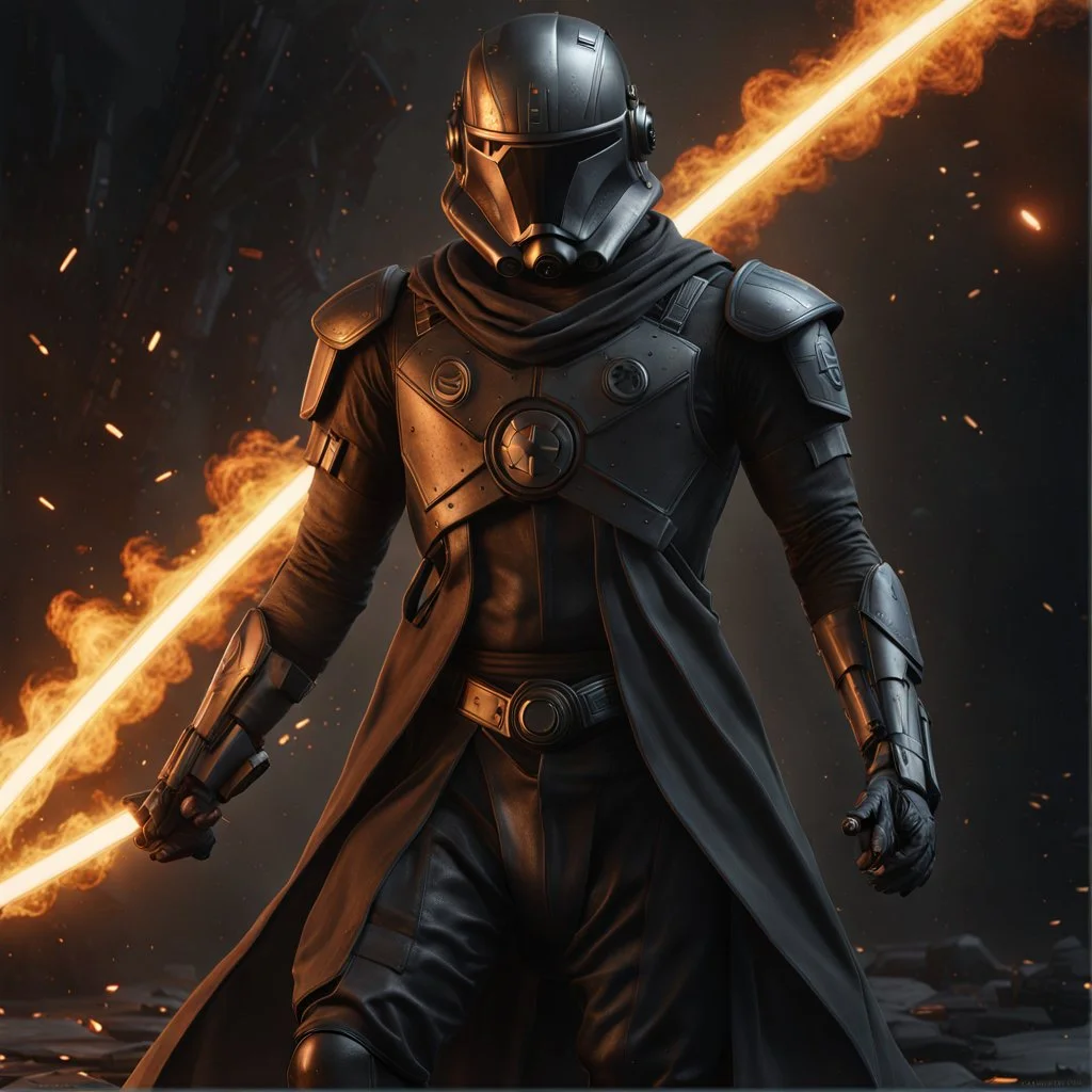 star wars bald male corellian pilot wearing pearlescent black and gunmetal grey First Order special forces heavy assault stealth commando armor and helmet with gold trim inside the jedi temple, hyperdetailed, dynamic lighting, hyperdetailed background, 8k resolution, volumetric lighting, light skin, fully symmetric details