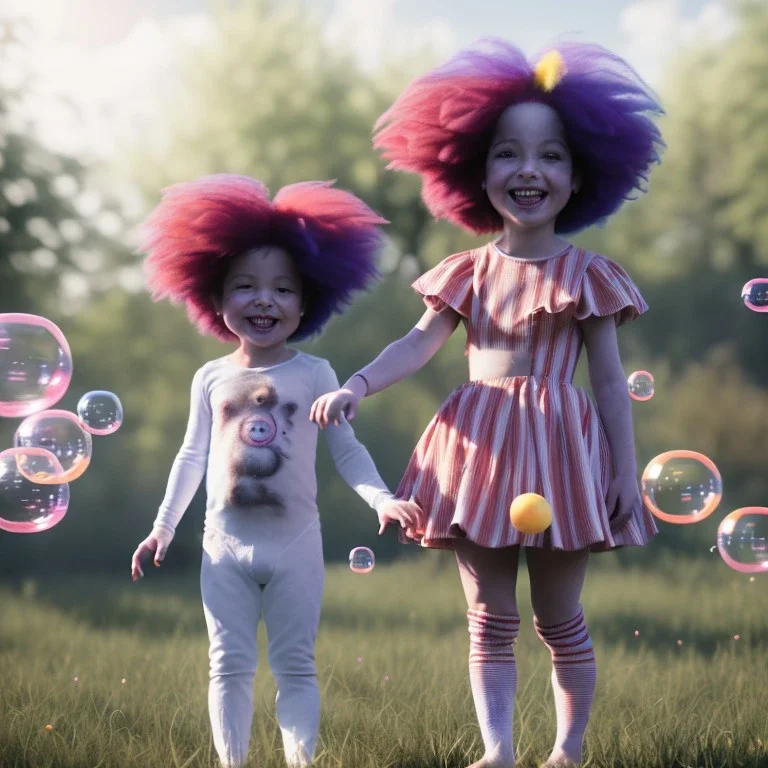 Ultra realistic circus scene. Sweet hair monster and Child’s playing, smile, happy, color bubbles, smooth color, waist up view, Wes Anderson style, dark ambient, highly detailed, concept art, unreal engine 5, god rays, ray tracing, RTX, lumen lighting, ultra detail, volumetric lighting, 3d, finely drawn, high definition, high resolution.