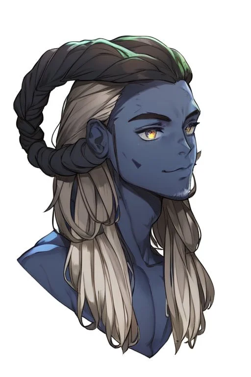 A tieffelin with blue skin and white Dreadlock hair. His pupil-less eyes are green. He wears a small beard.