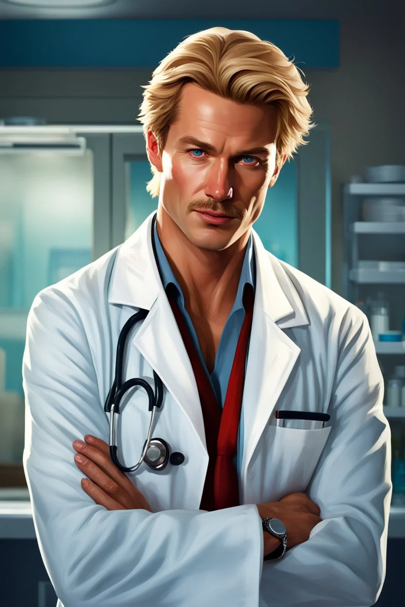 Mid-thirties, Caucasian male doctor, kind smile, blonde hair (slightly disheveled) blonde mustache, pale blue eyes, broad shoulders, muscular, six foot, Hawaiian shirt under white lab coat with bloodstains at the edges. Strong Jaw line, surrounded by shadows, photo realistic