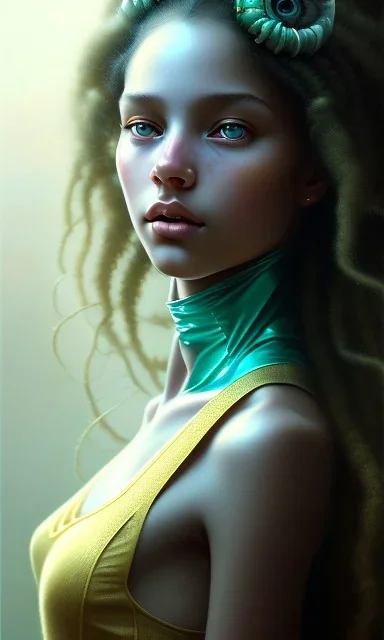 young girl, cute, beautiful, long curly hair, black hair, light green skin, flat nose, black eyes, big eyes, turquoise dress, head and shoulders portrait, 8k resolution concept art portrait by Greg Rutkowski, Artgerm, WLOP, Alphonse Mucha dynamic lighting hyperdetailed intricately detailed, avatar pandora