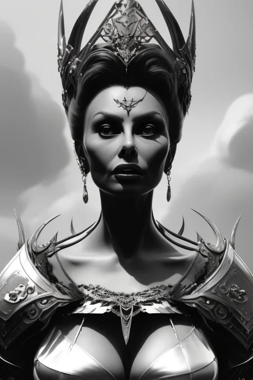 Sophia Loren as evil queen in black leather, cleavage, angry, stern look. character design by cory loftis, fenghua zhong, ryohei hase, ismail inceoglu and ruan jia. unreal engine 5, artistic lighting, highly detailed, photorealistic, fantasy