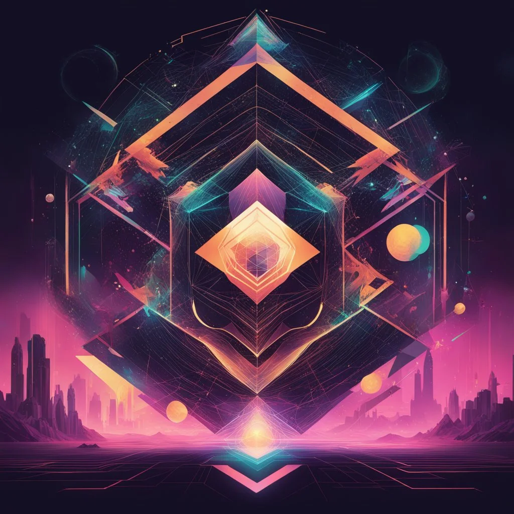 Sacred geometries, Style by Petros Afshar and Arthur Secunda, surreal abstract art, synthwave masterpiece, juxtaposition of the uncanny and the arcane, sharp focus, transcendent geometries, 🏁