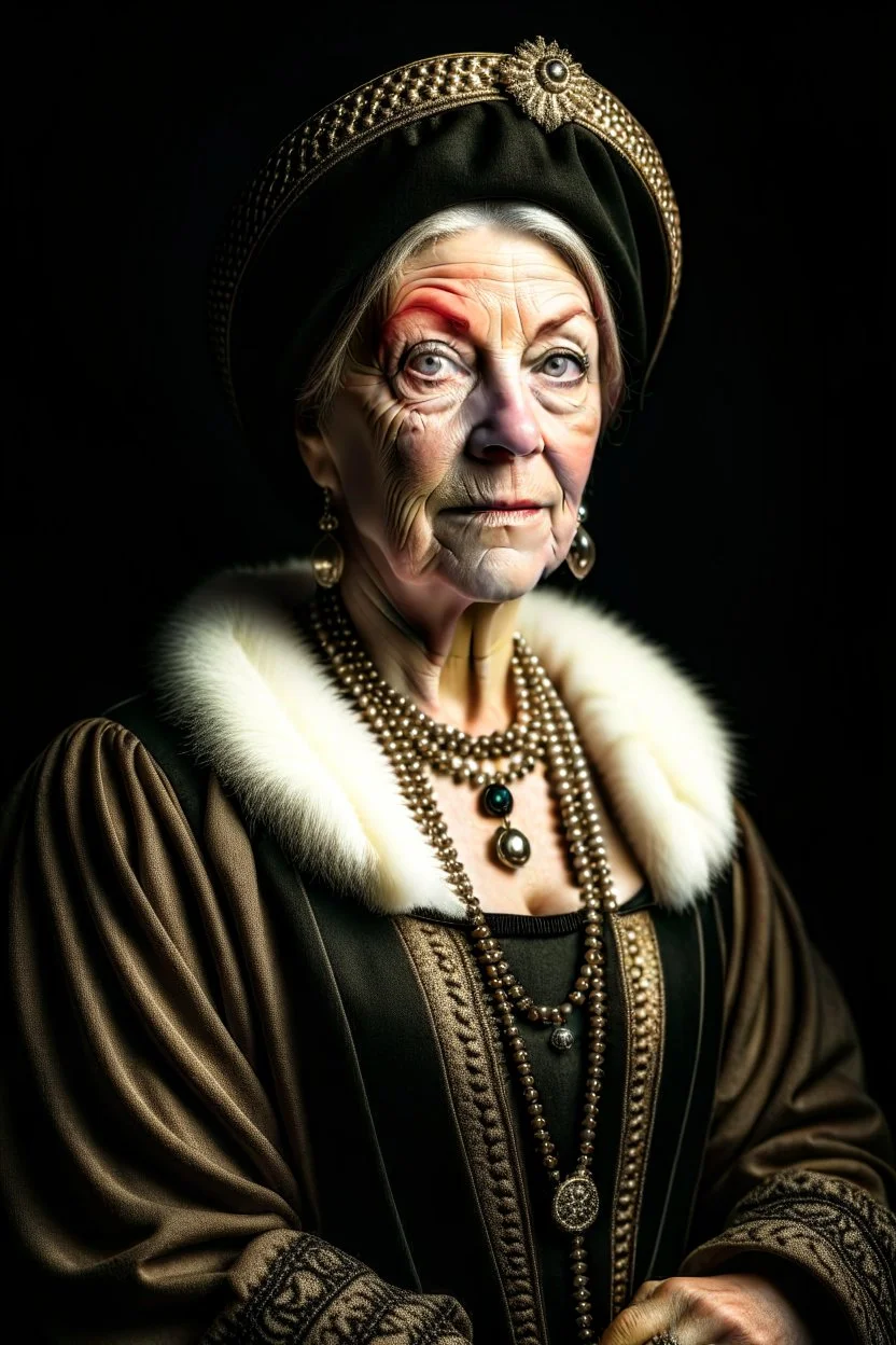 A portrait of a 50-year old british aristocrat woman from XV century in strict clothes, authoritative