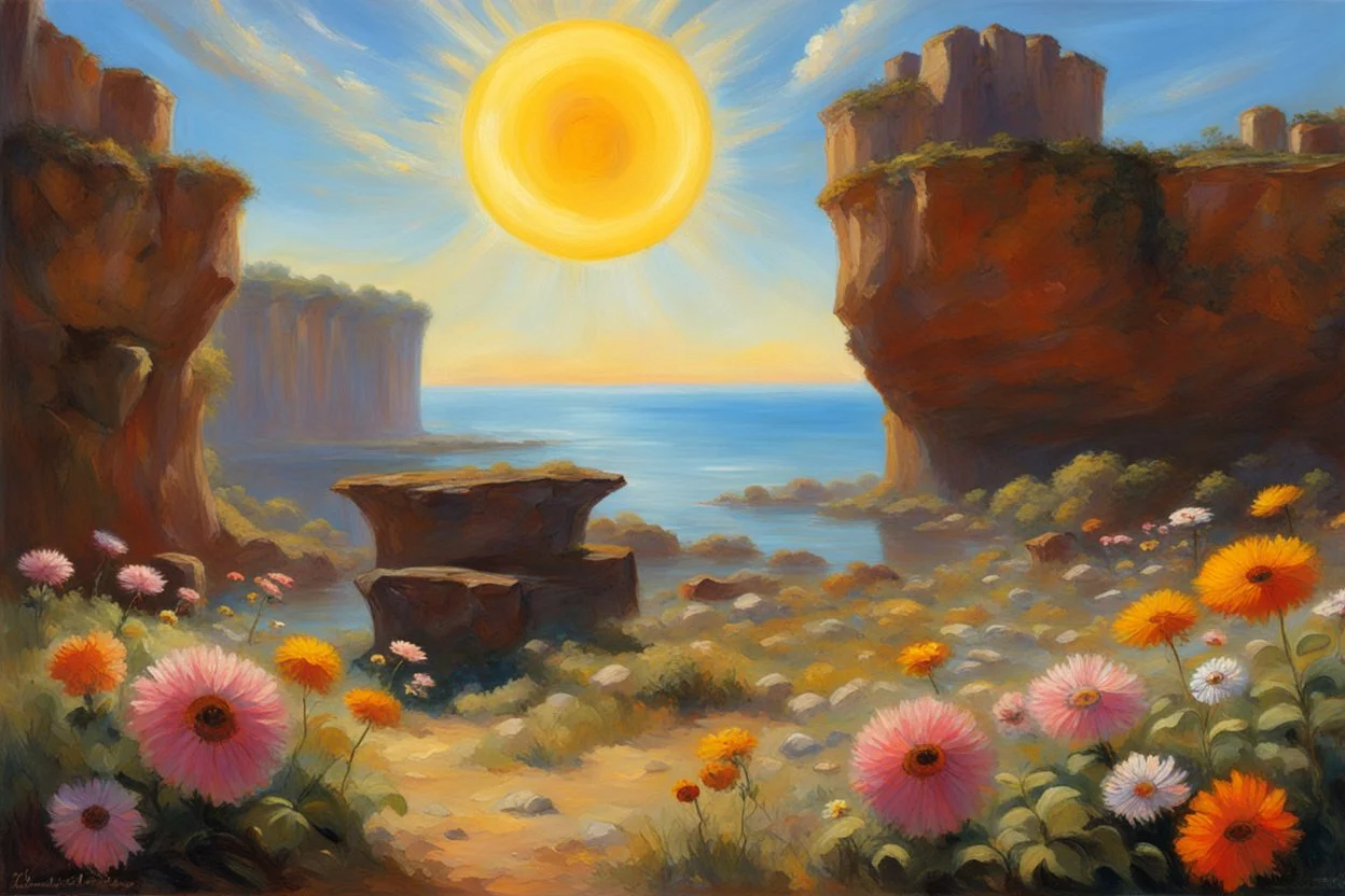 sunny day, planet in the sky, rocks, flowers, cliffs, sci-fi, friedrich eckenfelder and henry luyten impressionism paintings