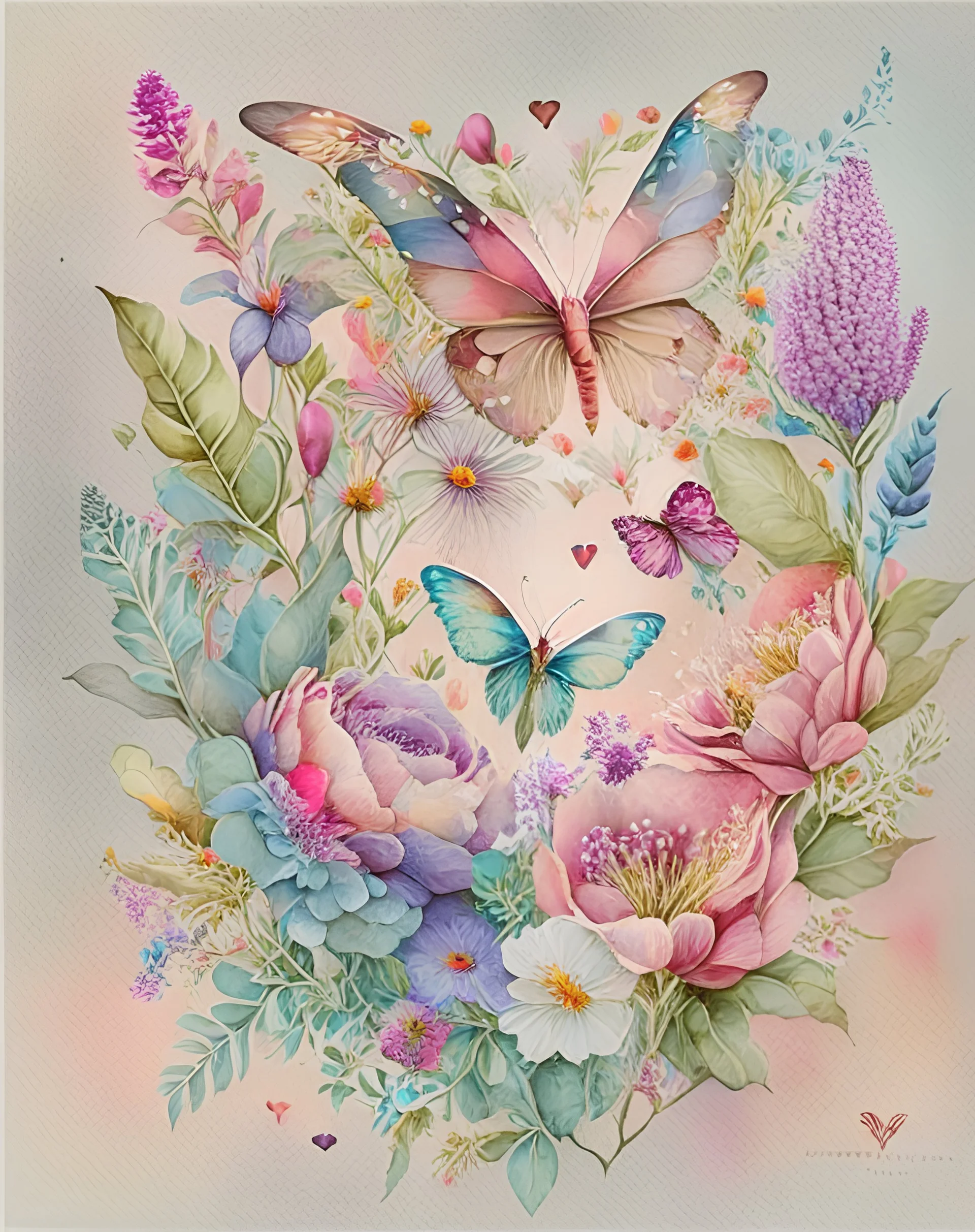 "floral heart"with dragonflies and butterflies and hummingbirds hand-drawn watercolor, muted tones, flowers everywhere, REALISTIC