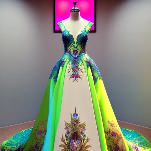 stunning couture gown designed by Marchesa inspired by fairytales, realistic epic fantasy colors, detailed, high quality, intricate, fantasyland background,