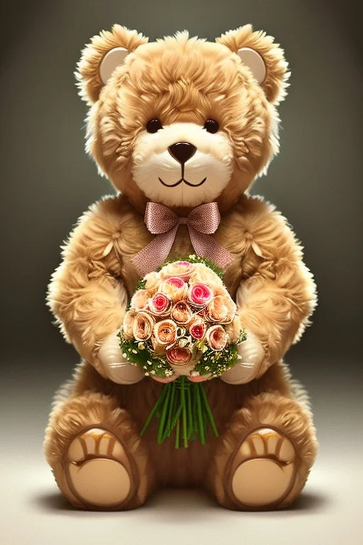 A light brown smiling teddybear holding a bouquet of flowers. His fur is realistic. The background is a romantic Italian restaurant bokeh digital painting extremely detailed studio lighting crisp quality and light reflections 8k cinematic lighting portrait photorealistic ultra detailed cinematic postprocessing focused