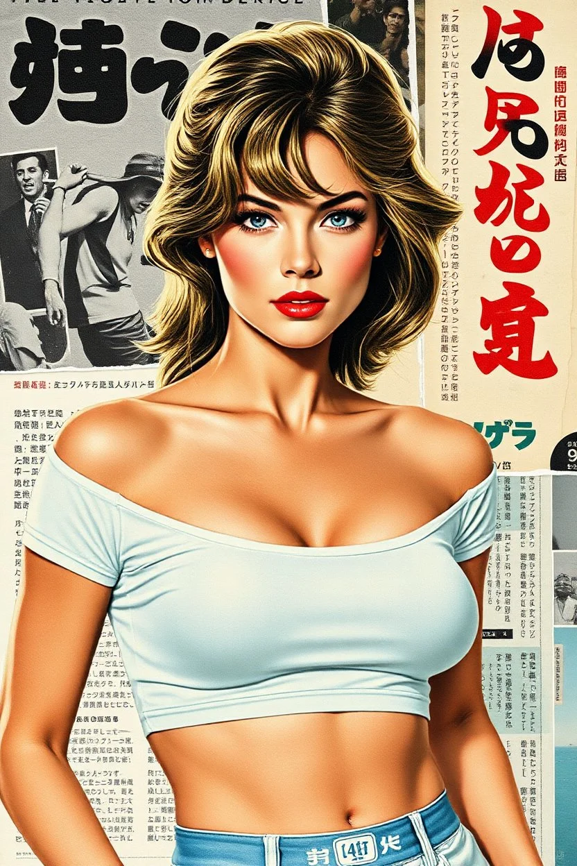 a beautiful woman collaged from parts of sports illustrated swimsuit model photos, tight t-shirt with overlay , background is montage of torn magazines, of 1960's movie style kanji text
