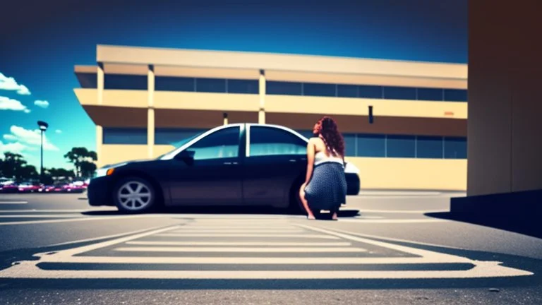 wide angle shot of crying woman driving through parking lot away from visible hotel building