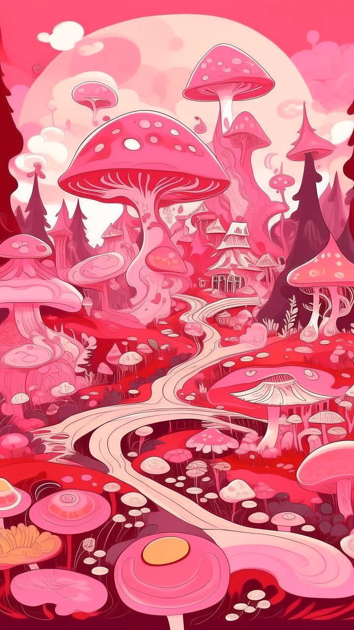 A rosy pink fairy kingdom with mushrooms in expressionism art style