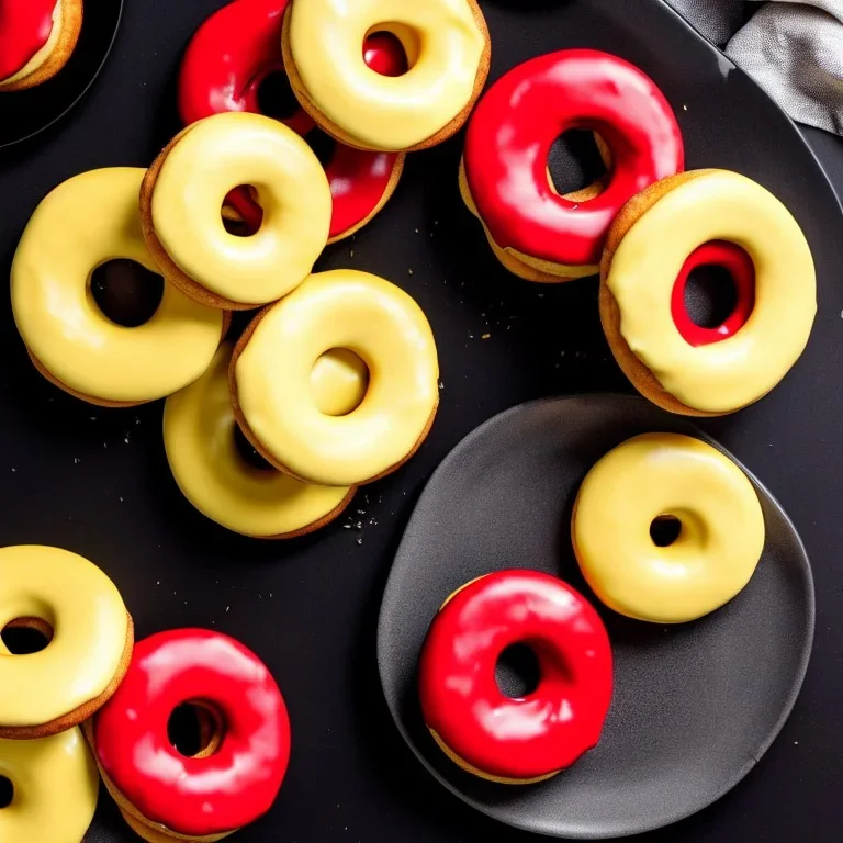 Yellow and red and black donuts on a plate on a black table