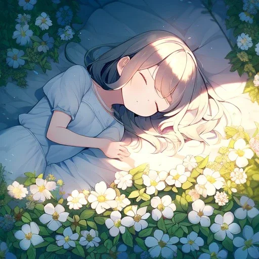 anime girl sleeping in a far away distance. field of flowers