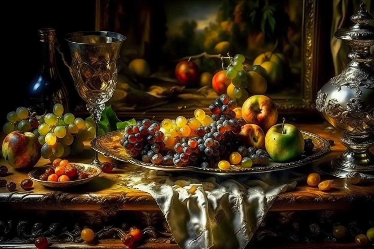 Create a masterpiece an oil painting on cracked canvas: of a Gleaming melting chrome serving tray with spent wine, partially decayed grapes, peaches, oranges, lemon's, walnuts, discarded dry stale bread and mouldy cheese, cloth draped over an old wooden ultra textured table, ultra-realistic portrayal, 8k resolution, rich cool tones, intricate textures, reflections, flawlessly polished exteriors, rule of thirds futuristic concept art of a still life Masterpiece. Modifiers: trending on Artstation