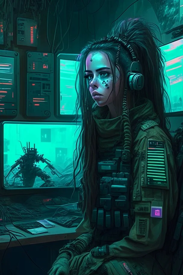 Cyberpunk girl in a room with five live video feeds from soldiers who she helps.