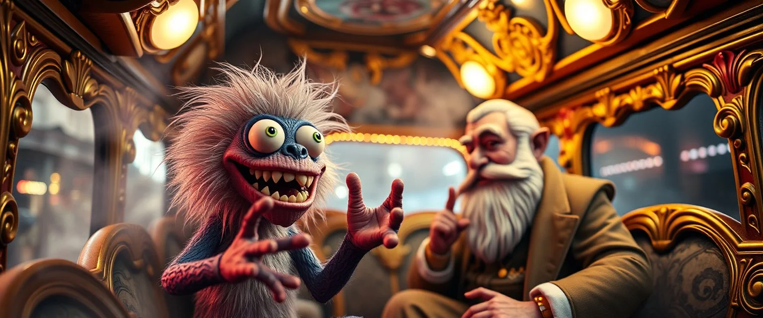 close up portrait of hairy fluffy polymer clay cute happy excited gesticulating monster with realistic human colored and textured skin, and long sleek limbs and with studio lights, on a luxury ornate neon buss with strange graphitti and tatooes, talking to a wise man, buss is full of smoke, and bright beams from the sky