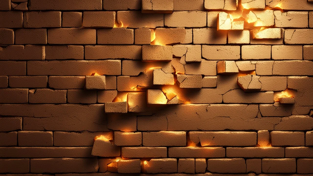 Hyper Realistic glowing-golden-bricks-with-embers on brown-rustic-cracked-wall-background with shadows