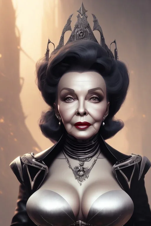 Joan Collins as evil queen in black leather, leather, busty, cleavage, angry, stern look. character design by cory loftis, fenghua zhong, ryohei hase, ismail inceoglu and ruan jia. unreal engine 5, artistic lighting, highly detailed, photorealistic, fantasy