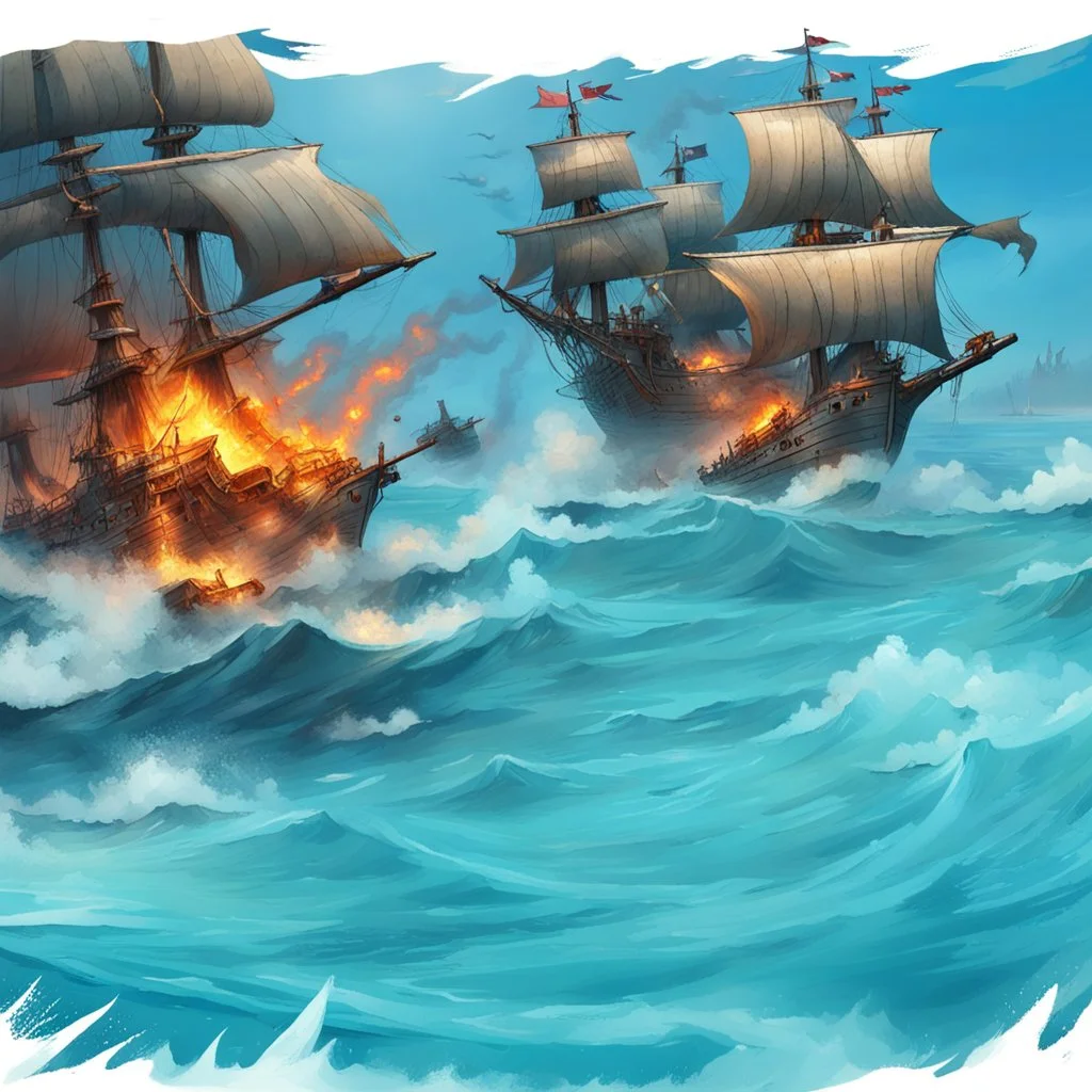 two pirate ships fighting each other at sea. They fire cannons at each other and one ship is hit and burns.