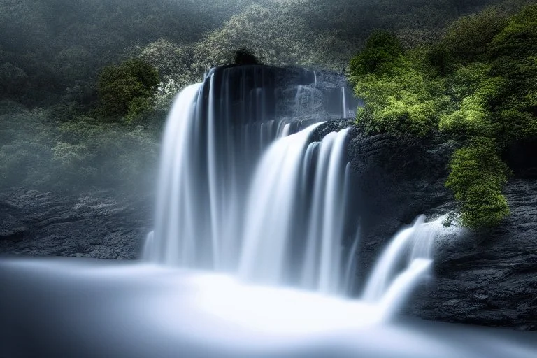 Cloudy dark sky, epic waterfall landscape, photograph, hyperrealism, 4k