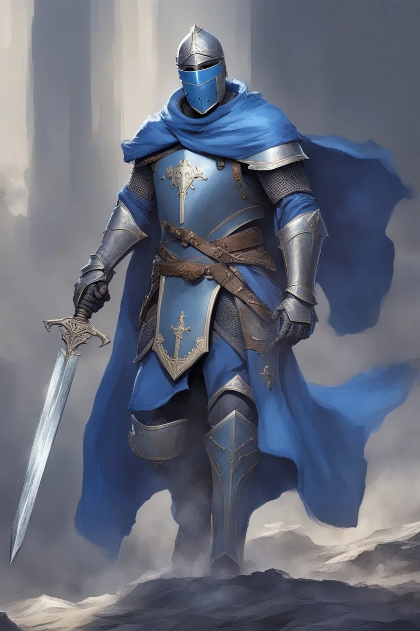 Knight wearing blue armor and blue cape with blue face mask, holding a sword and shield