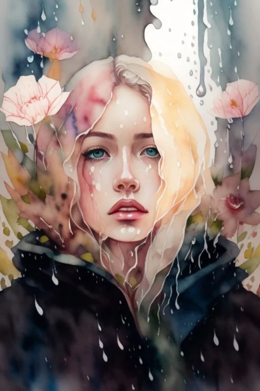 watercolor portrait of a woman, lush hair, rain, flowers, umbrella, autumn, paint blots, splashes, tears, plants