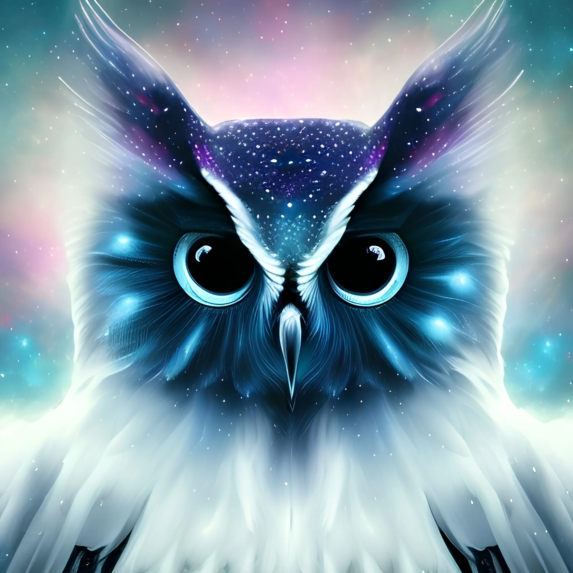 Magical Galaxy owl, feathery white, majestic owl, magical,cute big round eyes, space background,