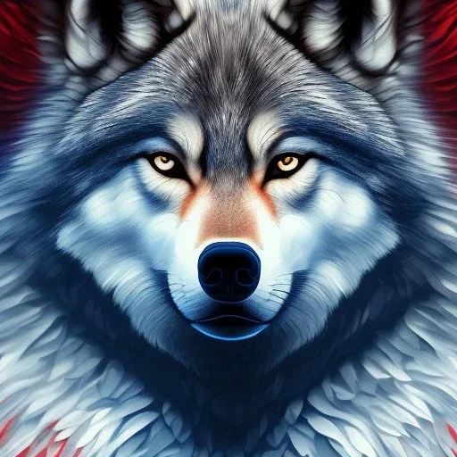 Wolf, blue, hyperrealism, masterpiece, expert, 8K, sharp focus, cinematic lighting, water, red, fire