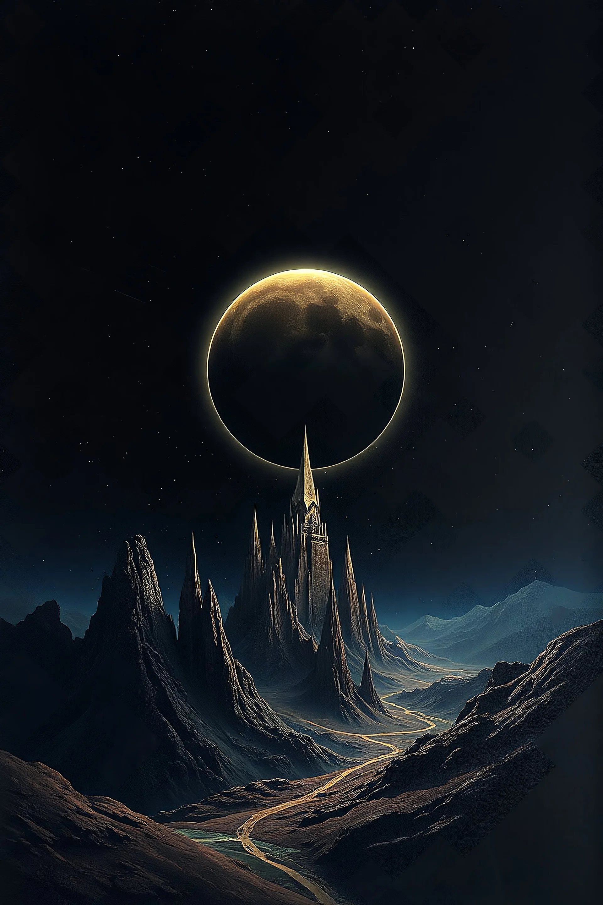 painting in the style of frazzetta, dark gothic moon eclipse fine art nouveau space moon crater deep space organic meteor dark sun spires 4k ultra HD background panorama sci fi photorealistic painting aesthetic beauty nature