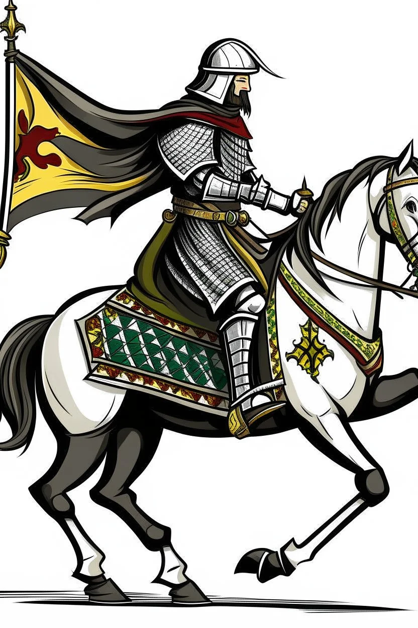 Medieval knight with a black and white checkered cape with a bright colored Lance riding a horse