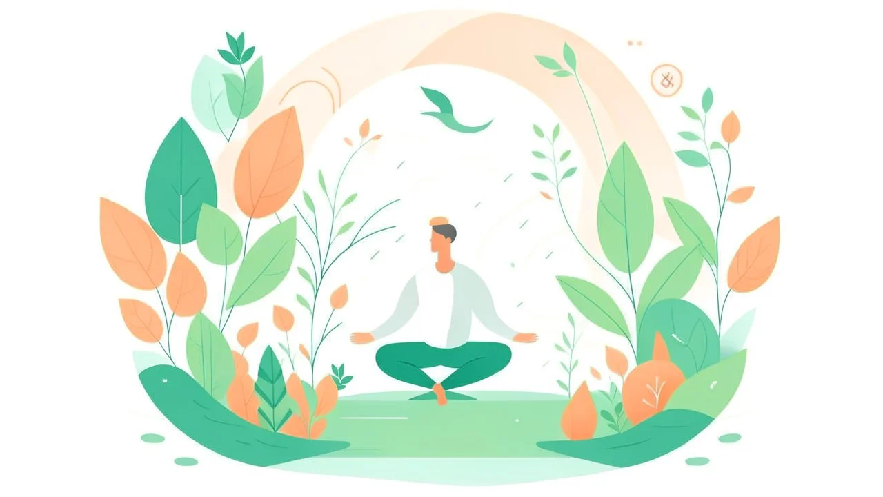 Create a Big and bold illustration with white background for a yoga and well-being website. Use a soothing color palette and depict a tranquil yoga scene with a yogi in several yoga poses surrounded by nature.