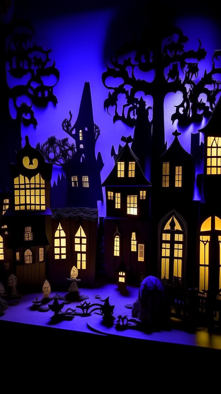 A purple Halloween town with Jack-o'-lanterns and ghosts designed in Javanese shadow puppets painted by Edouard Manet