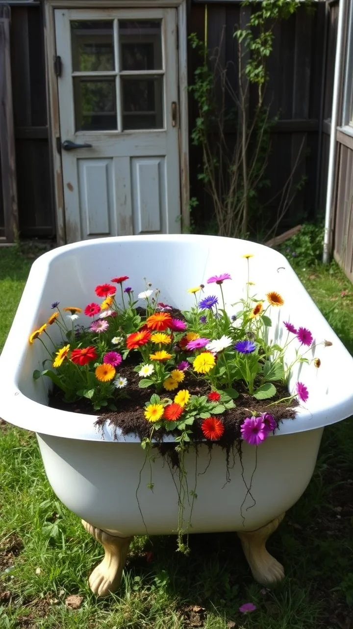 A Bathtub Al of it filled with dirt to the top, and in growing a colorful flowers , some of them are tingling down on the sides in an abandoned backyard
