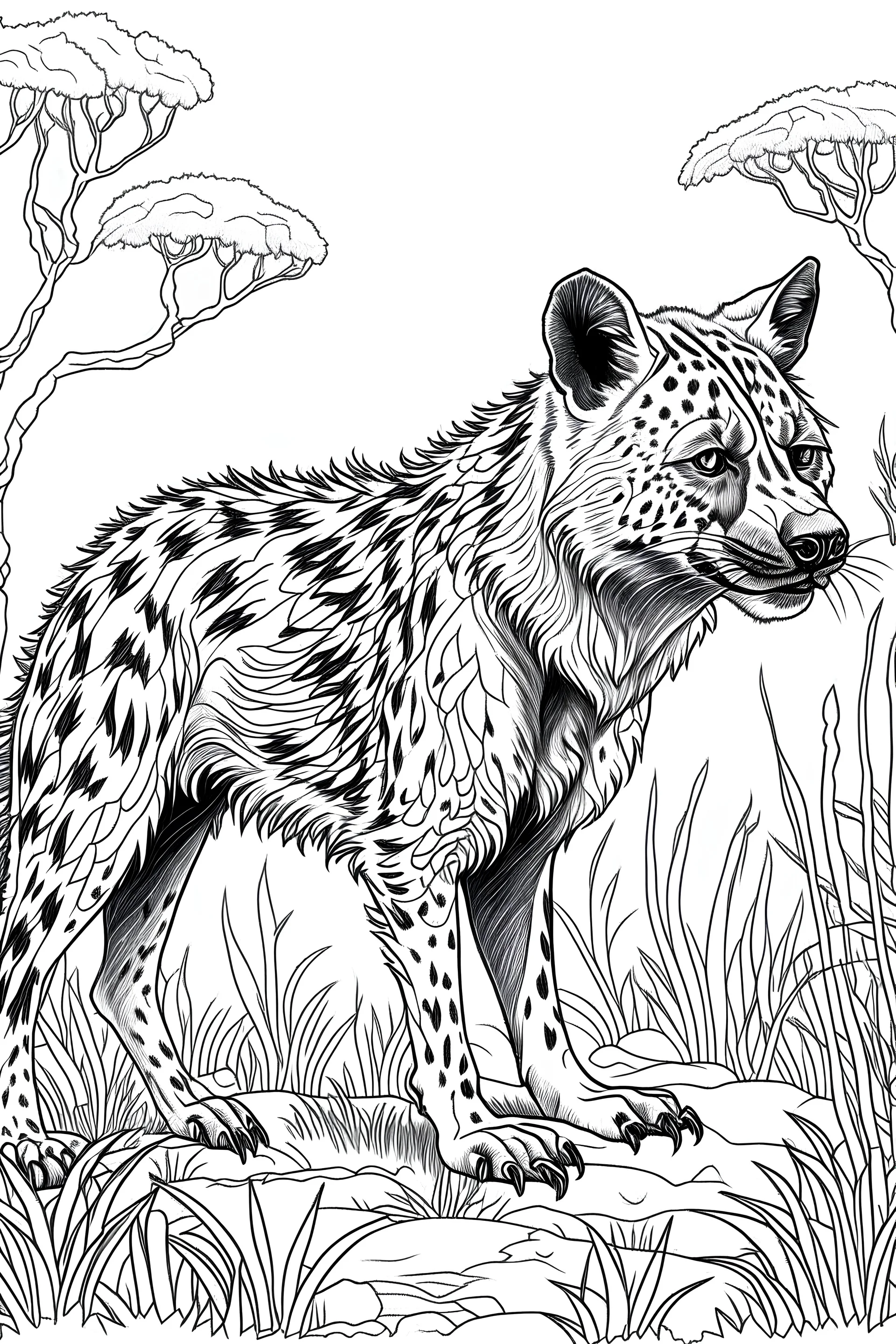 Outline art, no shading, hyena full body in the garden, cartoon style, black and white, low detail, --ar 9:11