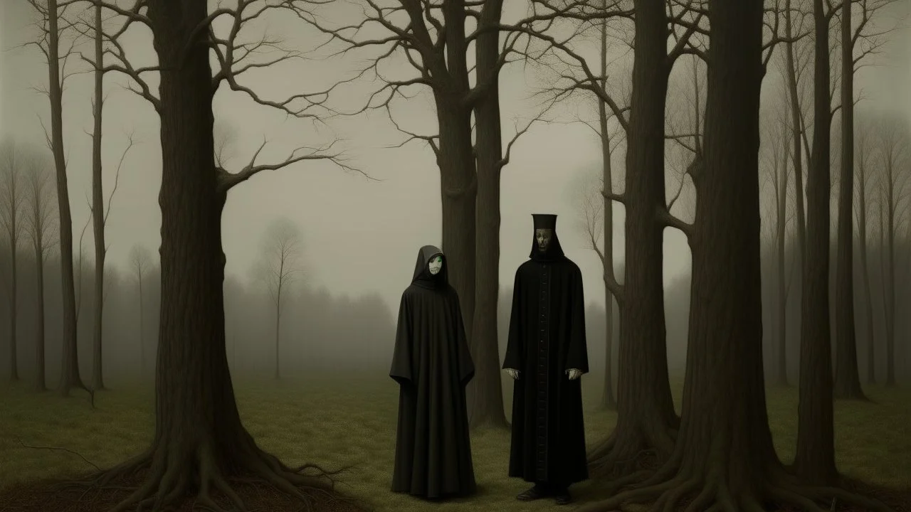 Two tall figures, lending a solemn and contemplative tone to the scene, are a solitary figure dressed in dark clothing, blending into the surroundings' subdued, overcast sky. Among the trees, a wooden cross displays arms of equal length, its dark shape harmonizing with the barren branches. Near the base of the trees, leafless trees stand close together in a rural landscape, lending a solemn and contemplative tone to the scene. In the background, gently rolling hills recede into the distance, the