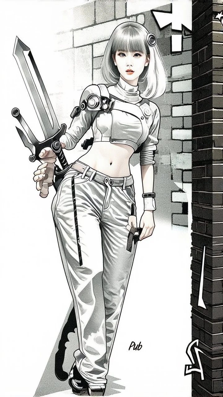 teen woman in retro-futurist cyberpunk costuming with pants and sheathed swords leaning to the side with shoulder against a brick pillar, add a background of brick with graffiti of a large arrow pointing to the right and text of the word "PUB" on lower left