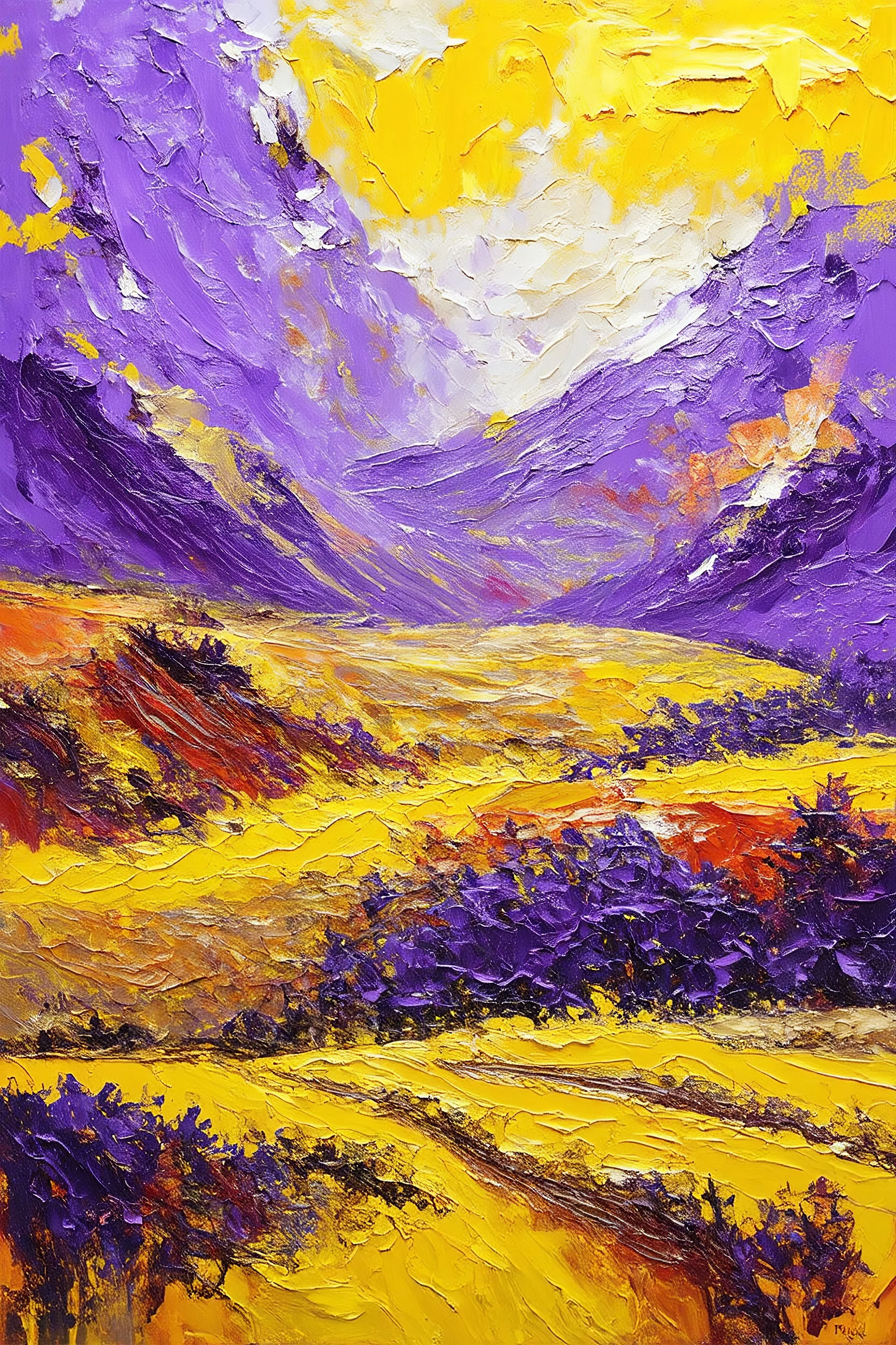 make an oil painting, abstract image of wonderful land ، purple , yellow