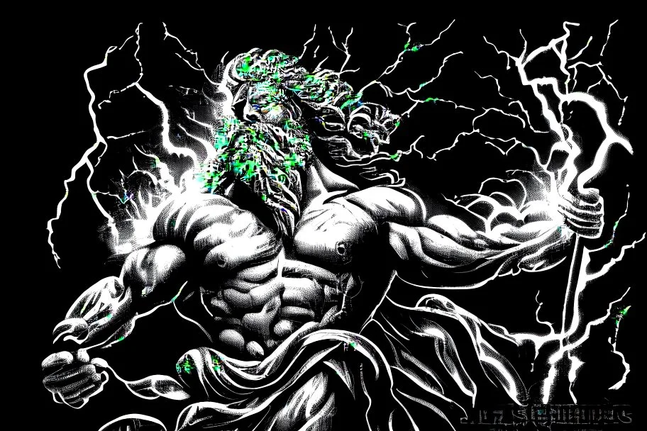 Detailed and realistic illustration of Greek god Zeus holding holding lightning. Engraving style illustration. Ultra high resolution.