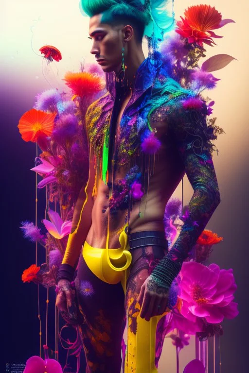Dynamic ink art by alberto seveso of a full man body shot, long legs ,crawn, wide shot, cyberpunk plants and flowers, neon, vines, flying insect, front view, dripping colorful paint, tribalism, gothic, shamanism, cosmic fractals, dystopian, dendritic, artstation: award-winning: professional portrait: atmospheric: commanding: fantastical: clarity: 64k: ultra quality: striking: brilliance: stunning colors: amazing depth, cute colorful lighting (high definition)++, photography, cinematic, detaile